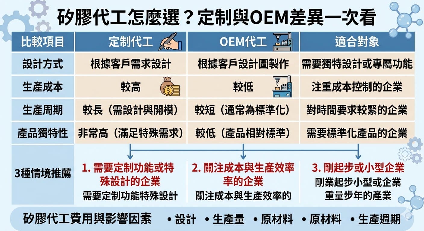 在選擇矽膠代工服務時，企業面臨的關鍵決策之一是選擇定制代工還是OEM代工。定制代工強調根據客戶需求設計與製造，適合有特殊功能或設計要求的企業；而OEM代工則根據現有設計進行生產，更適合標準化需求和成本控制。本文將深入比較這兩種矽膠代工方式，並根據不同情境推薦最適合的選擇，幫助你做出最佳決策，滿足品質與預算需求。